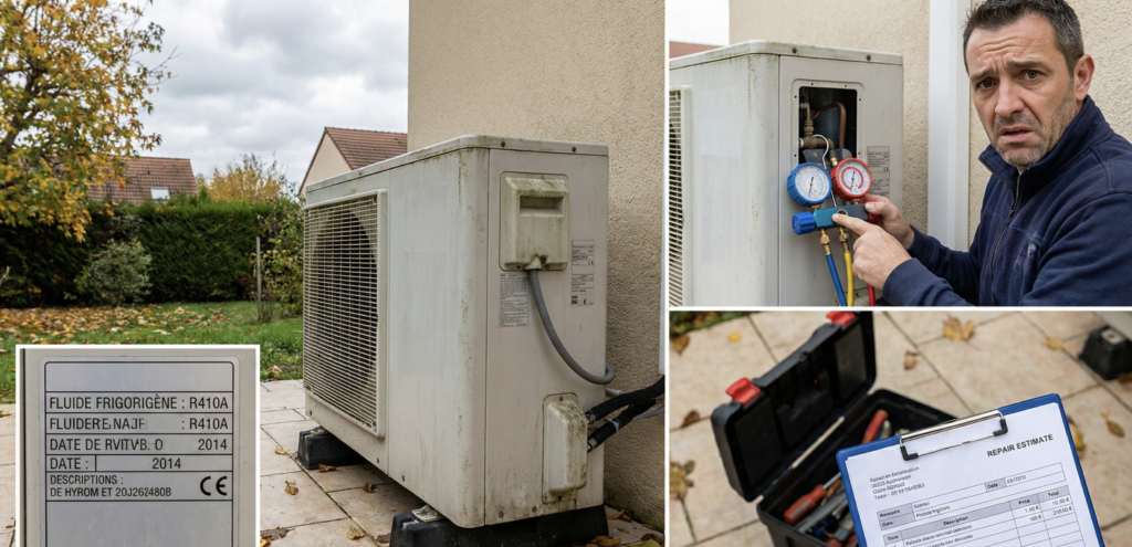Unité extérieure de pompe à chaleur ancienne au gaz R410A et intervention technique