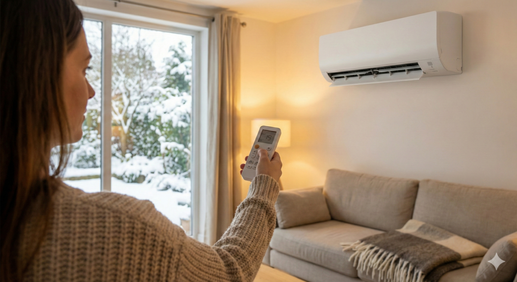 Femme utilisant une télécommande pour régler la température de consigne de la climatisation réversible sur 19°C dans un salon confortable en hiver.