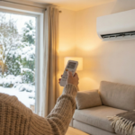 Femme utilisant une télécommande pour régler la température de consigne de la climatisation réversible sur 19°C dans un salon confortable en hiver.