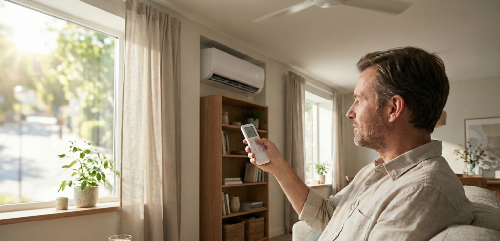 Un homme assis confortablement dans un salon ensoleillé règle sa climatisation murale à l'aide d'une télécommande, illustrant une utilisation intelligente et économe de la clim en été.