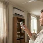 Un homme assis confortablement dans un salon ensoleillé règle sa climatisation murale à l'aide d'une télécommande, illustrant une utilisation intelligente et économe de la clim en été.