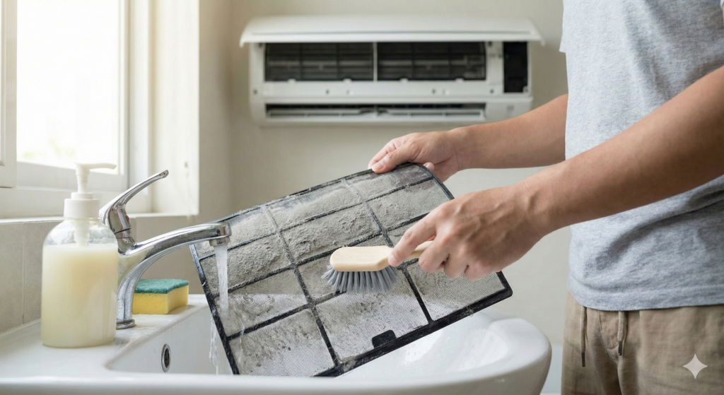 Une personne nettoie vigoureusement un filtre de climatisation très encrassé et couvert de poussière sous l'eau du robinet à l'aide d'une brosse, au-dessus d'un lavabo.
